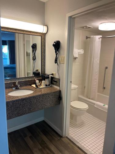 a bathroom with a sink and a toilet and a mirror at Wilkes-Barre Inn & Suites in Wilkes-Barre