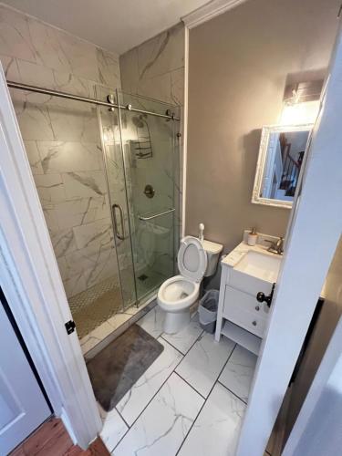 uma casa de banho com um chuveiro, um WC e um lavatório. em Atlanta Unit 2 Room 3 - Private Bedroom with Private Bathroom em Atlanta