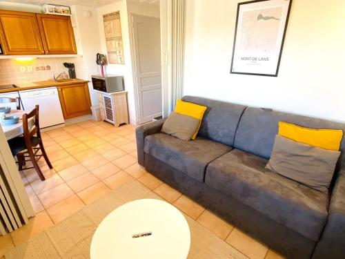 un salon avec un canapé et une table dans l'établissement Studio 4 pers. avec coin montagne, proche pistes, secteur calme, balcon, garage - FR-1-516-171, à Les Deux Alpes