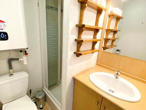 une salle de bain avec toilettes et lavabo dans l'établissement Studio 4 pers. avec coin montagne, proche pistes, secteur calme, balcon, garage - FR-1-516-171, à Les Deux Alpes