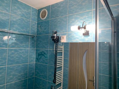 シビウにあるGarsoniera Nataliaの青いタイル張りのバスルーム(シャワー、電話付)