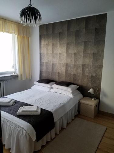 1 dormitorio con 1 cama grande y pared en Apartament Zamość Brąz, en Zamość