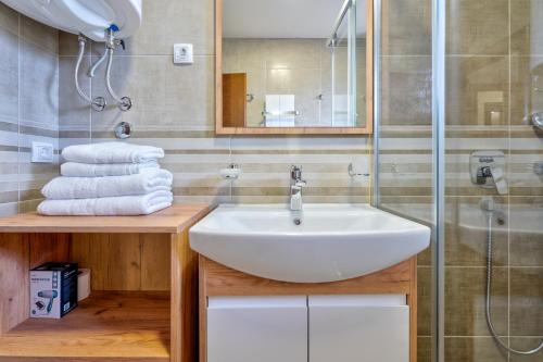 a bathroom with a sink and a glass shower at Monix Palace Zlatibor in Zlatibor