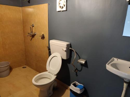 a bathroom with a toilet and a sink at Pebbles Resort in Rishīkesh