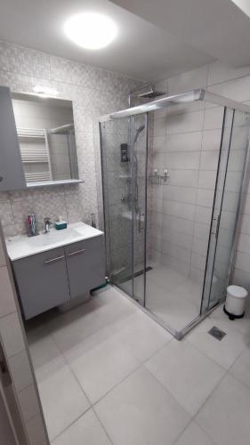 ein Badezimmer mit Dusche und Waschbecken in der Unterkunft Antigona Nikiti in Nikiti