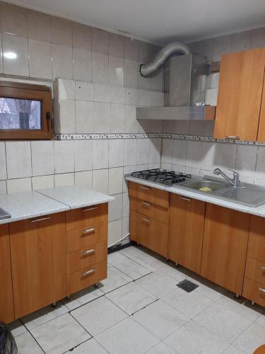 a kitchen with a sink and a stove in it at Casa Luminita in Brezoi