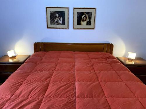 ein Schlafzimmer mit einem roten Bett mit zwei Bildern an der Wand in der Unterkunft La Casa dei Nonni in Avigliano