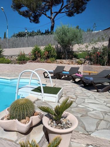 une terrasse avec des plantes en pot et une piscine dans l'établissement Villa Cocody, à Bandol
