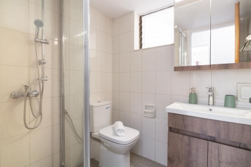a bathroom with a shower and a toilet and a sink at Arokaria apartment in Alikanas