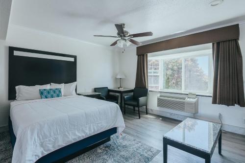 a bedroom with a bed with a ceiling fan and a window at Sea Air Inn & Suites - Downtown - Restaurant Row in Morro Bay