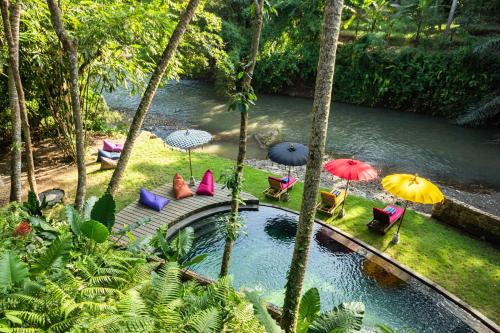 a group of chairs and umbrellas next to a pond at Bamboo Turtles Ecolodge in Ubud