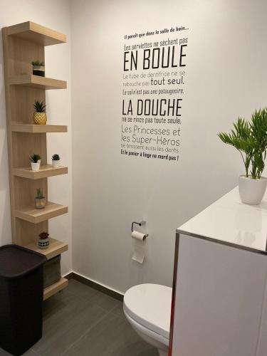 - une salle de bains pourvue de toilettes et de mots sur le mur dans l'établissement GOLD COCOON T3 74m2 proche centre ville, à Villejust