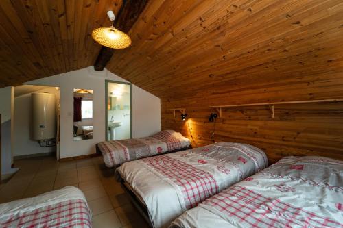 two beds in a room with a wooden ceiling at Verdon Vacances in Saint-André-les-Alpes
