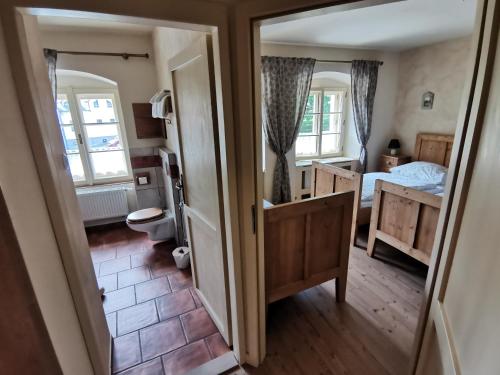 uma sala com um quarto com uma cama e um espelho em Apartmány U Koudelníka em Kutná Hora