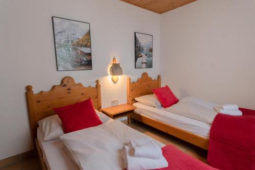 a bedroom with two beds with red pillows at Apartment Panorama Gerlitzen in Treffen