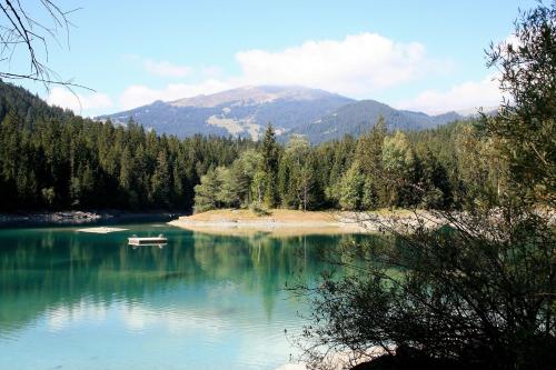 a view of a lake with a boat in it at Arena Lodge in Flims
