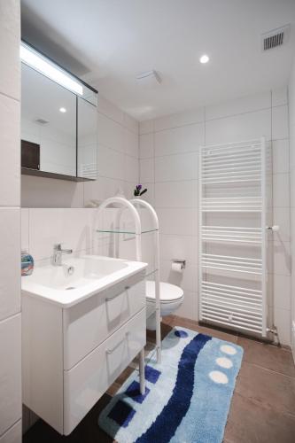 a white bathroom with a sink and a toilet at Ferienwohnung Wäller Sonnenschein in Westerburg