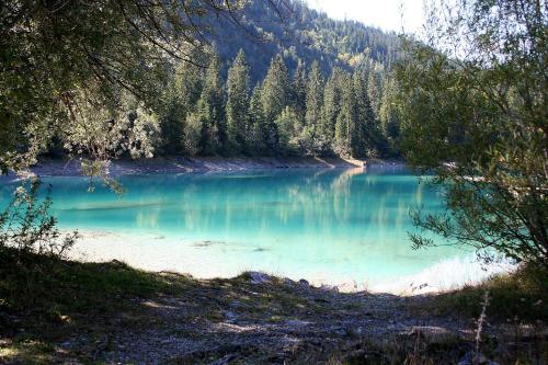 a blue lake with trees on the side of it at Arena Lodge in Flims