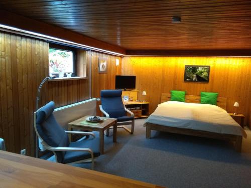 エッカーンフェルデにあるRieger FW 3のベッドルーム1室(ベッド1台、椅子2脚、デスク付)