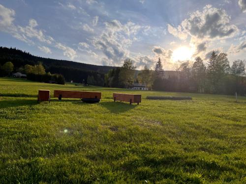 two benches in a field with the sun in the background at Apartmány Pod Jelenkou in Orlické Záhoří 