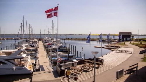 a bunch of boats docked at a dock with a flag at Hotel Strandtangen in Skive