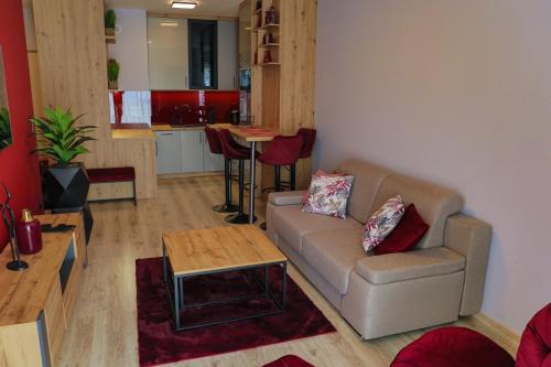een woonkamer met een bank en een tafel bij APARTAMENT ELEGANCE RED w Let's Sea in Gąski