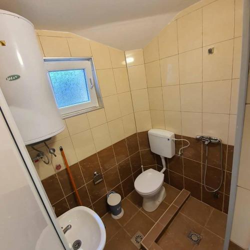 a small bathroom with a toilet and a sink at Apartmani Naumovi 2 in Star Dojran