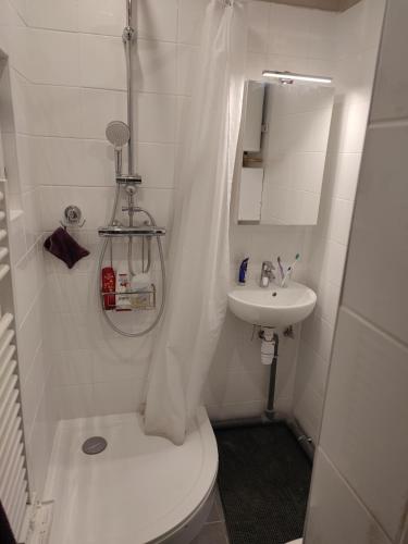 une salle de bain blanche avec des toilettes et un lavabo dans l'établissement Studio charmant, à Fontenay-sous-Bois