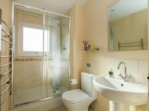 een badkamer met een toilet, een wastafel en een douche bij Kernyk in Penzance