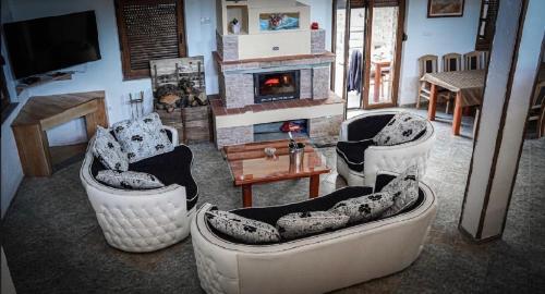 Una sala de estar con sofás y chimenea. en Vila Sana, en Landeke
