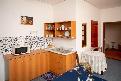 una cucina con lavandino e bancone con forno a microonde di 2- izbový APARTMÁN KAJKA v PENZION TRSTENÁ a Trstená