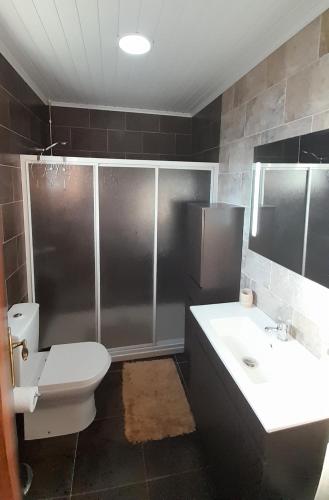 a bathroom with a shower and a toilet and a sink at Casa da Magnólia in Raposeira