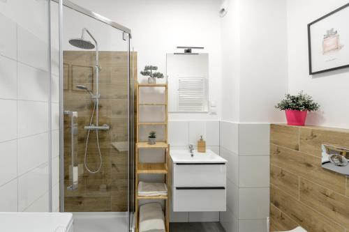 een badkamer met een douche en een wastafel bij ALFA 50 in Włocławek