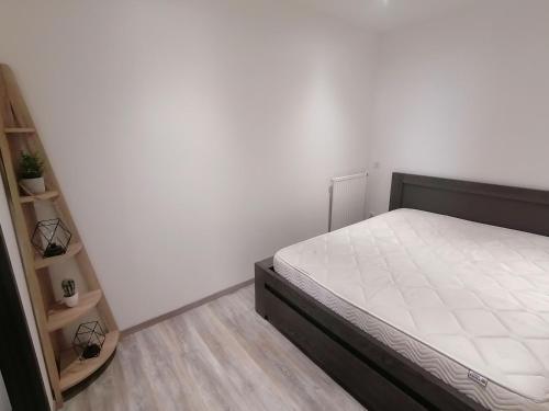 - une chambre avec un lit et une étagère dans l'établissement Appartement F2 dans le centre historique, au Puy-en-Velay