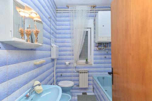 ein blaues Badezimmer mit Toilette und Waschbecken in der Unterkunft Apartment Silvio 1779 in Banjole