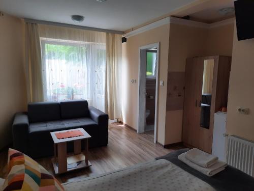 ein Wohnzimmer mit einem schwarzen Sofa und einem Fenster in der Unterkunft Soul in Palić