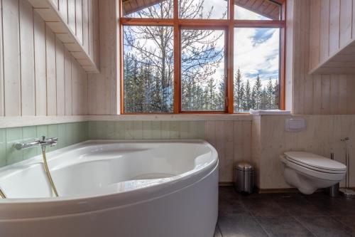 bagno con ampia vasca e servizi igienici di Gorgeous Riverside Lodge in the South of Iceland a Reykholt