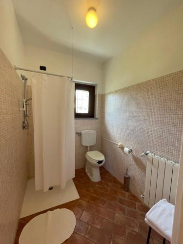 a bathroom with a toilet and a shower with a window at Agriturismo Cascina Mora in Pavia