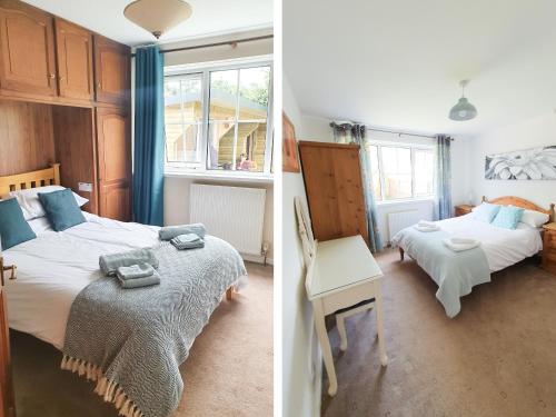 two images of a bedroom with two beds and a table at 17 Costa Way in Pickering