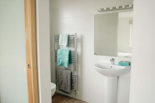 La salle de bains blanche est pourvue d'un lavabo et d'un miroir. dans l'établissement Radharc na Mara, à Doolin