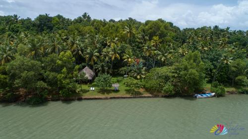 an island in the middle of a river with palm trees at Vishram Village in Varkala
