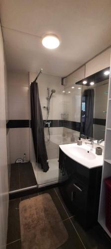 une salle de bain avec un lavabo et une douche dans l'établissement Villa pinède - Proche naturiste, au Cap d'Agde