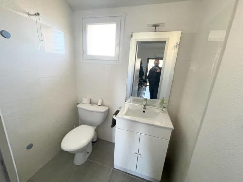 ein Badezimmer mit einem WC, einem Waschbecken und einem Spiegel in der Unterkunft Bel appartement à 300 mètres de la plage +parking in Valras-Plage