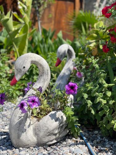 two statues of swans in a garden with flowers at House of Sunset - Tranquility - View - Relaxation in Sívas
