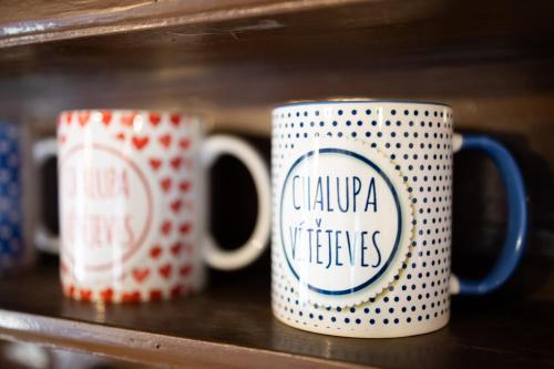 dos tazas de café están sentadas en un estante en Chalupa Vítějeves, en Vítějeves