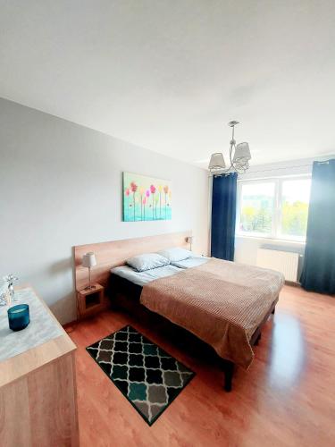 1 dormitorio con 1 cama grande y 1 mesa en Modlinska Apartments, en Nowy Dwór Mazowiecki