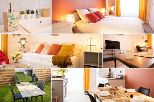 een collage van foto's van een slaapkamer en een woonkamer bij GREEN APPART Le Chêne Rouge avec Jardin Privé in Mulhouse