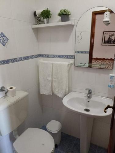 a white bathroom with a toilet and a sink at Moradia Meca - Casas para Férias in Nazaré