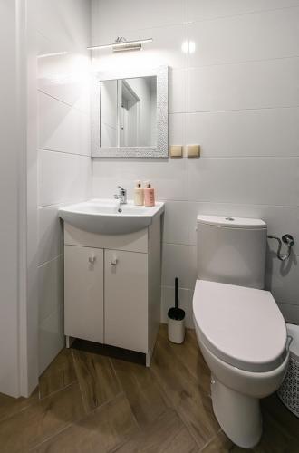 a white bathroom with a toilet and a sink at Apartamenty Centrum II in Bydgoszcz