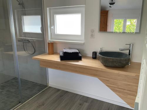 a bathroom with a sink and a shower at Gite Au sauna de l’Aubach in Scherwiller
